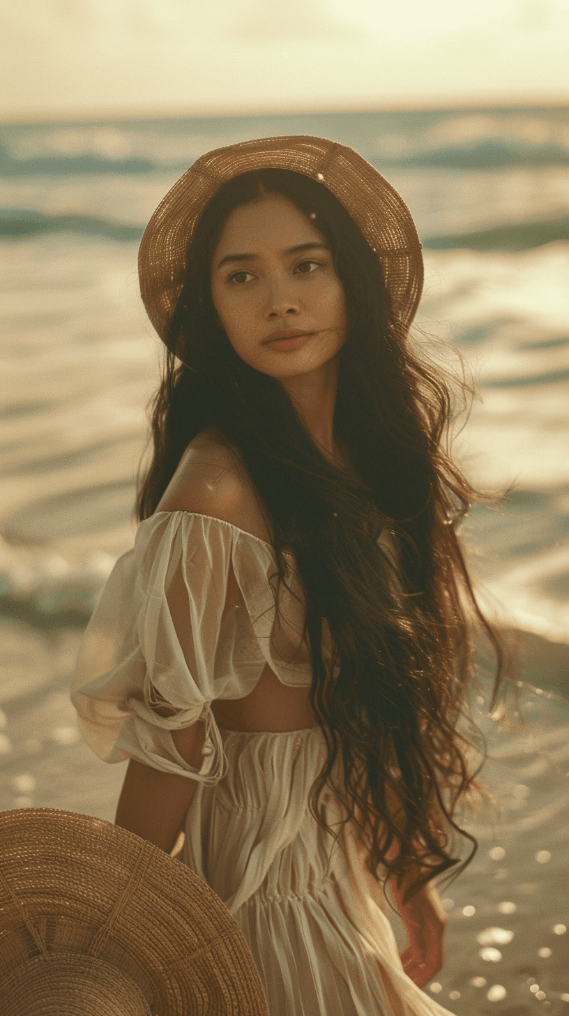 Woman with long hair wearing a hat and white dress standing on a beach during sunset.