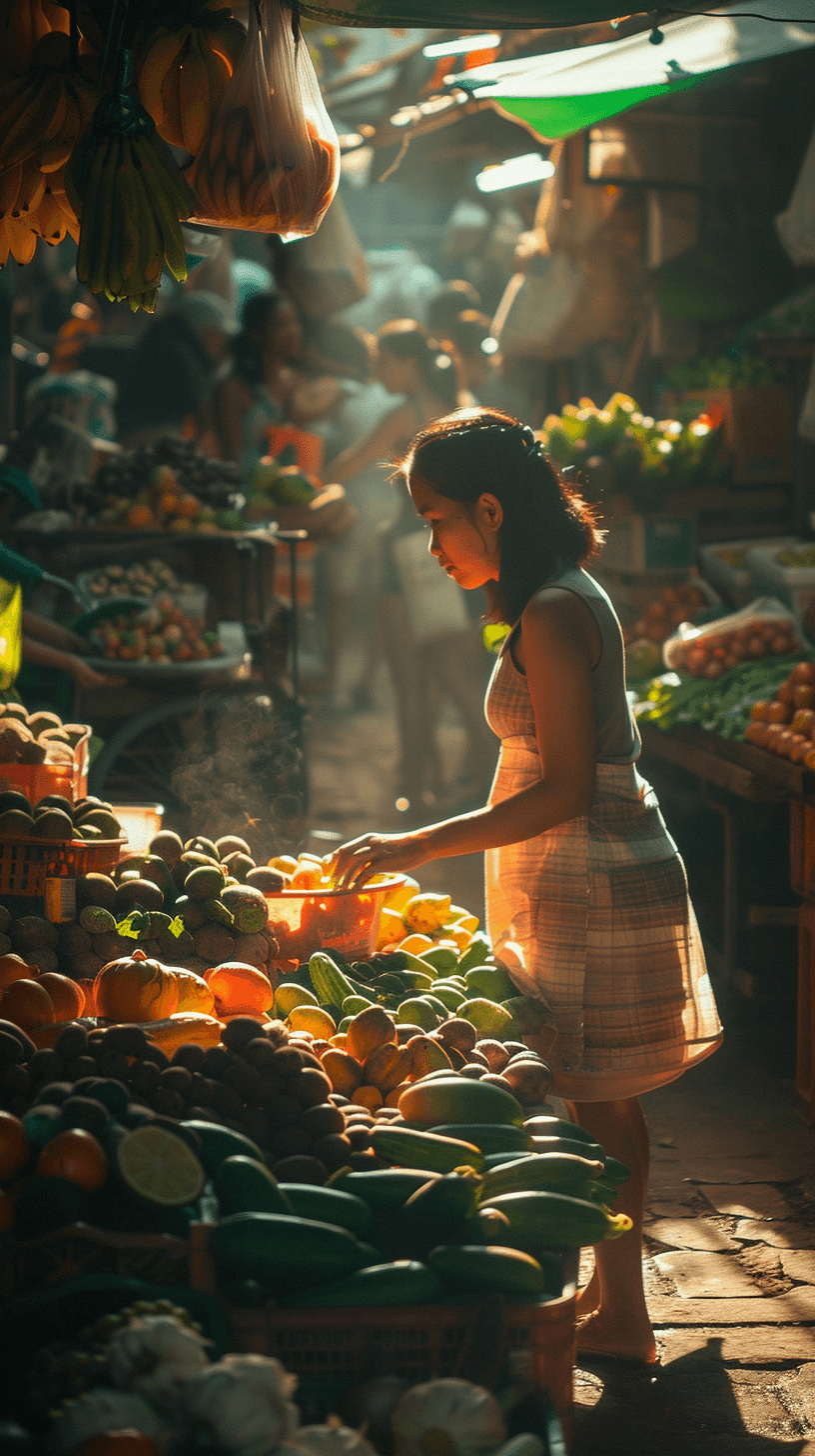 Woman shopping at a vibrant fruit market stall in warm sunlight.