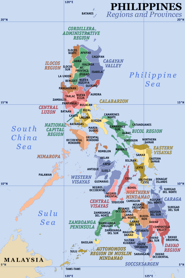 Map of the Philippines showing regions and provinces with different colors and labels indicating their names and locations.